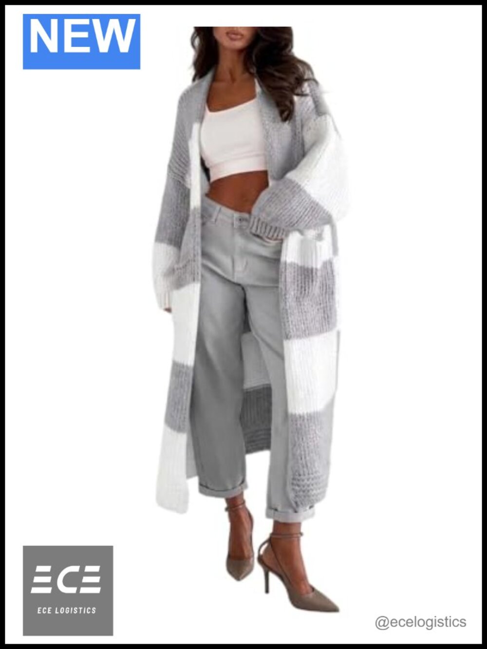 Oversized Open Front Long Knit Cardigan Sweater with Pockets Lantern Sleeve